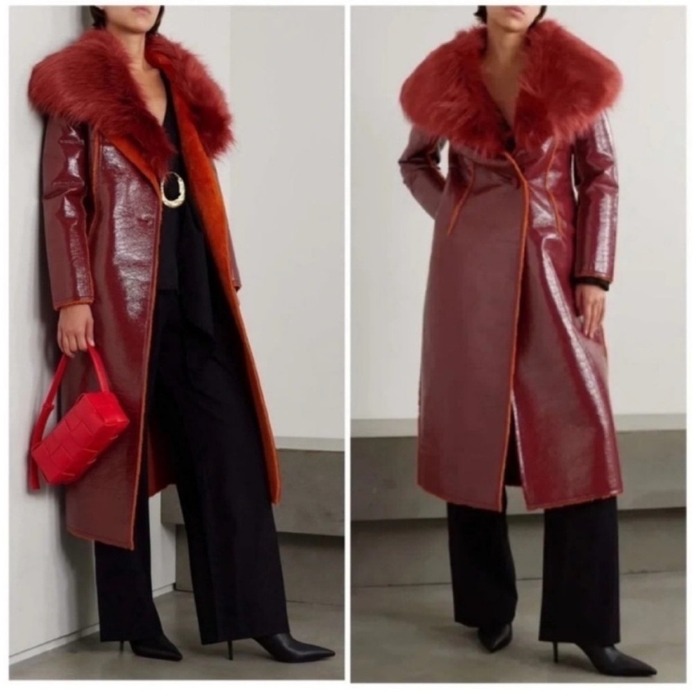 NWT Cult Gaia Elaine Faux Fur Trimmed Vegan Leather Coat - Picture 2 of 7